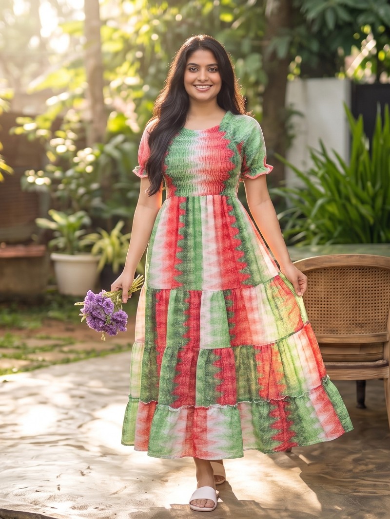 Red and Green Smocked Tiered Maxi Dress | Capi Clothing